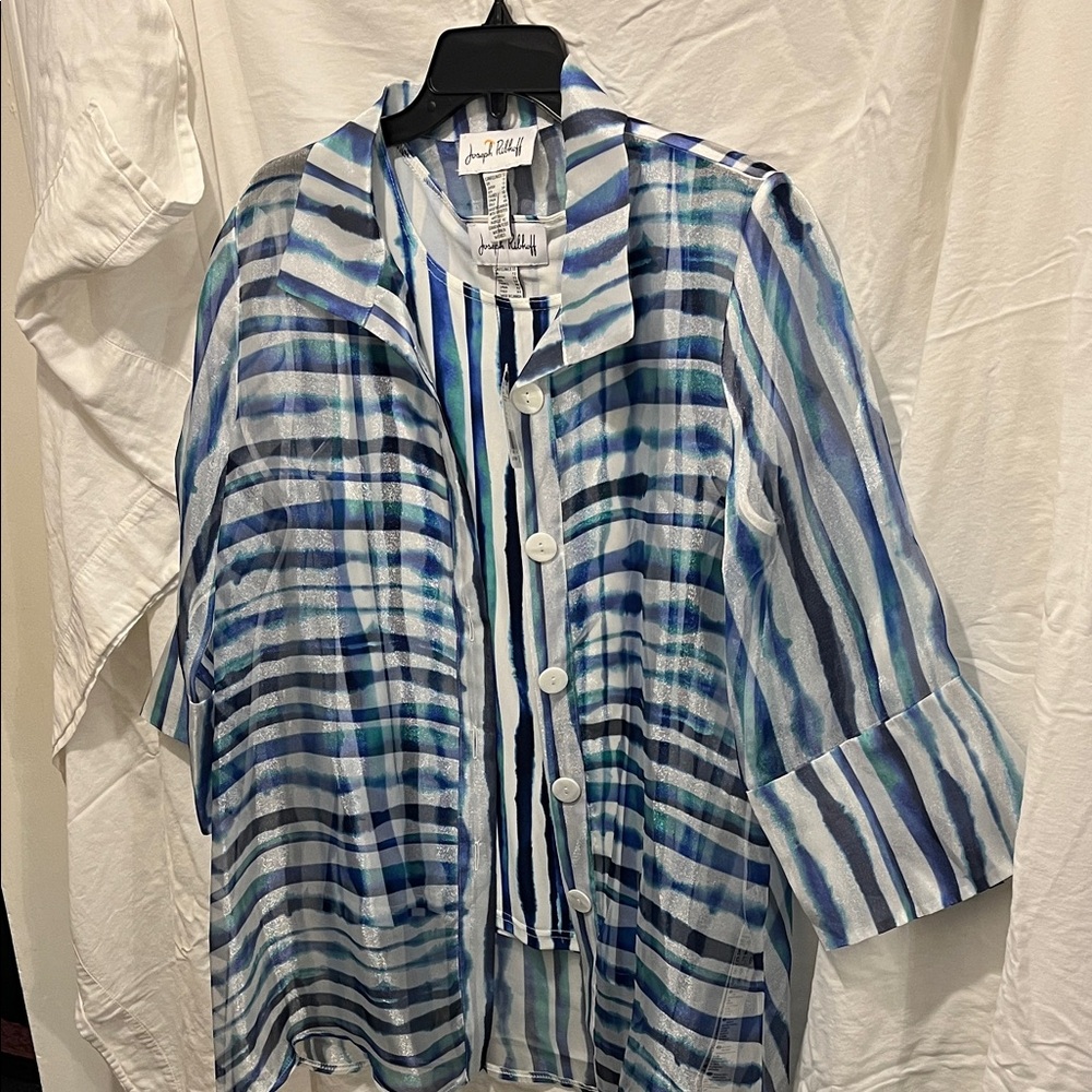 Joseph Ribkoff Blue and White Striped 2 piece Blouse set NWT Size 10